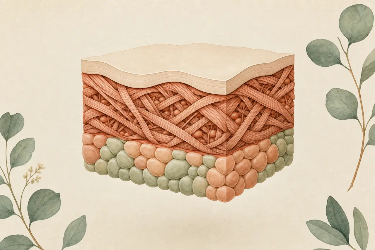 Illustration der drei Hautschichten im Querschnitt: glatte Oberfläche, gewebtes Gerüst, weiches Polster