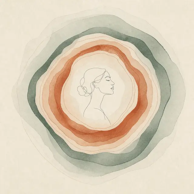 Illustration: konzentrische Jahresringe in Terracotta und Grün, in der Mitte ein feines Frauenprofil